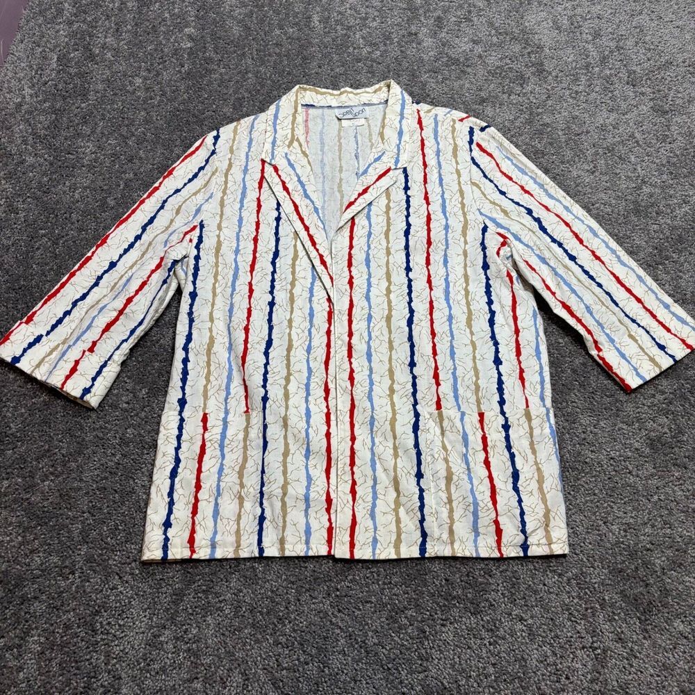 Vtg Womens Blazer sz 42 White Striped Lightweight Colorful Pockets Made in USA